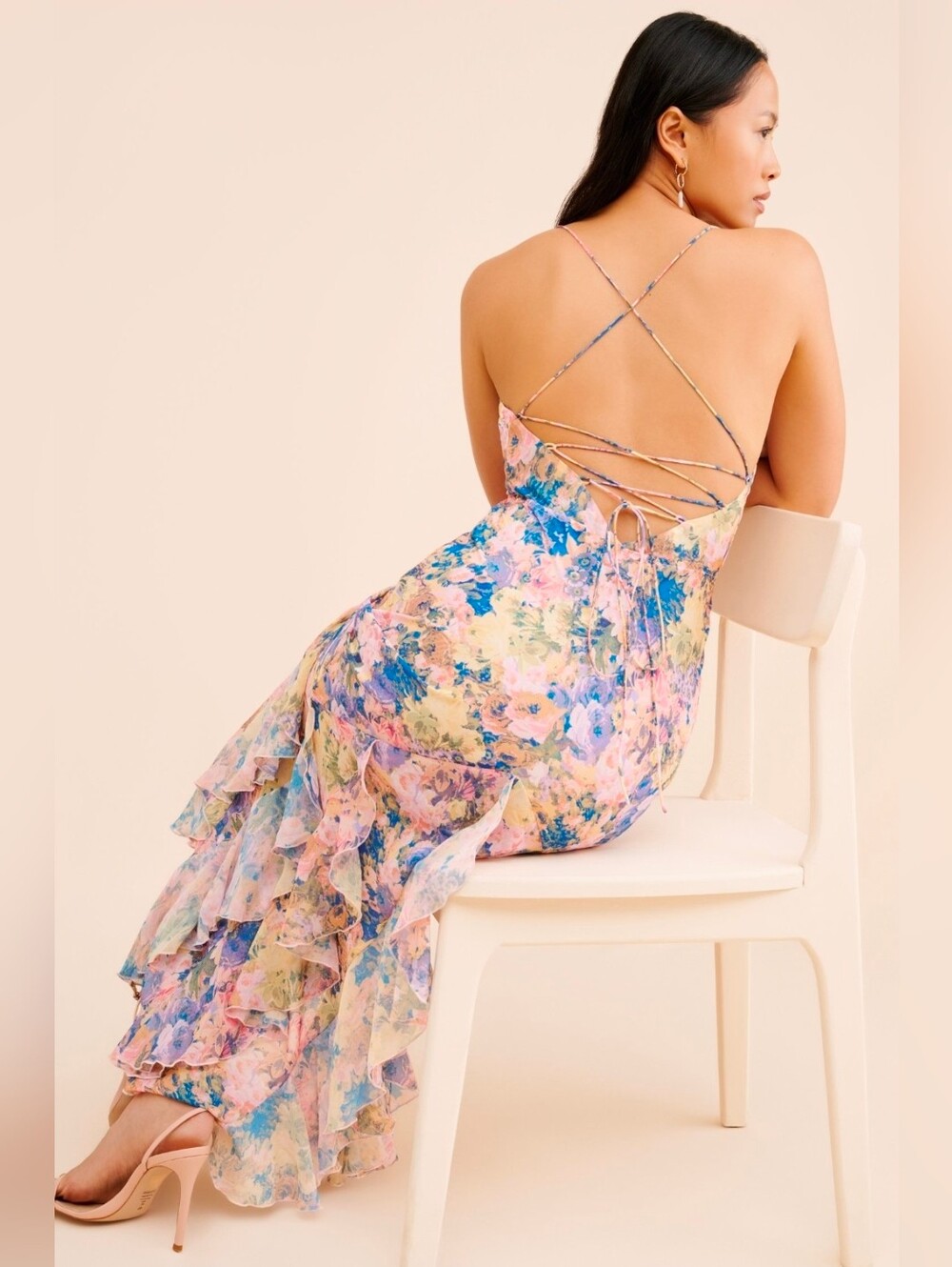 For Love & Lemons Pink Elea Floral Maxi Ruffle Dress - Picture 8 of 13